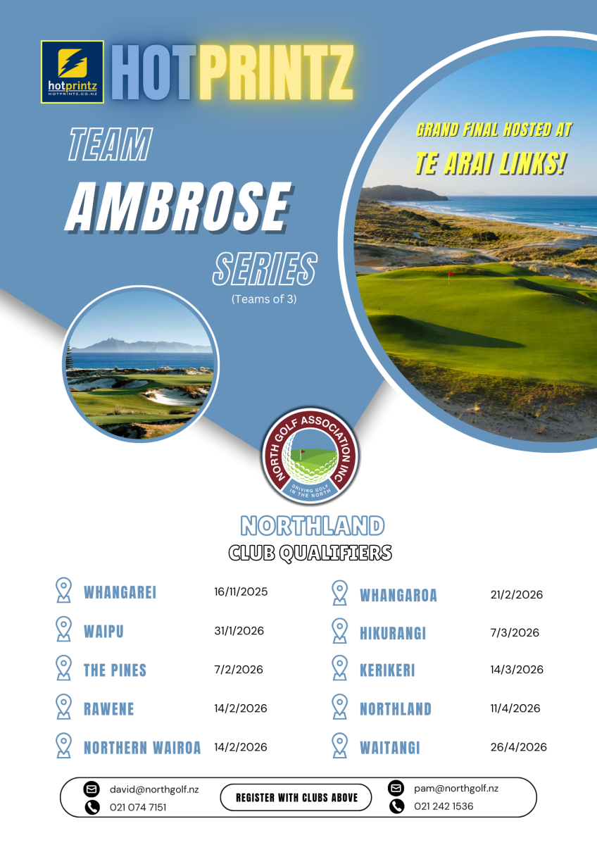 3 person Ambrose competition Sat 7th Feb Tees available 8am - 10.40am. Club Qualifier. Finals to be played at Te Arai Links.